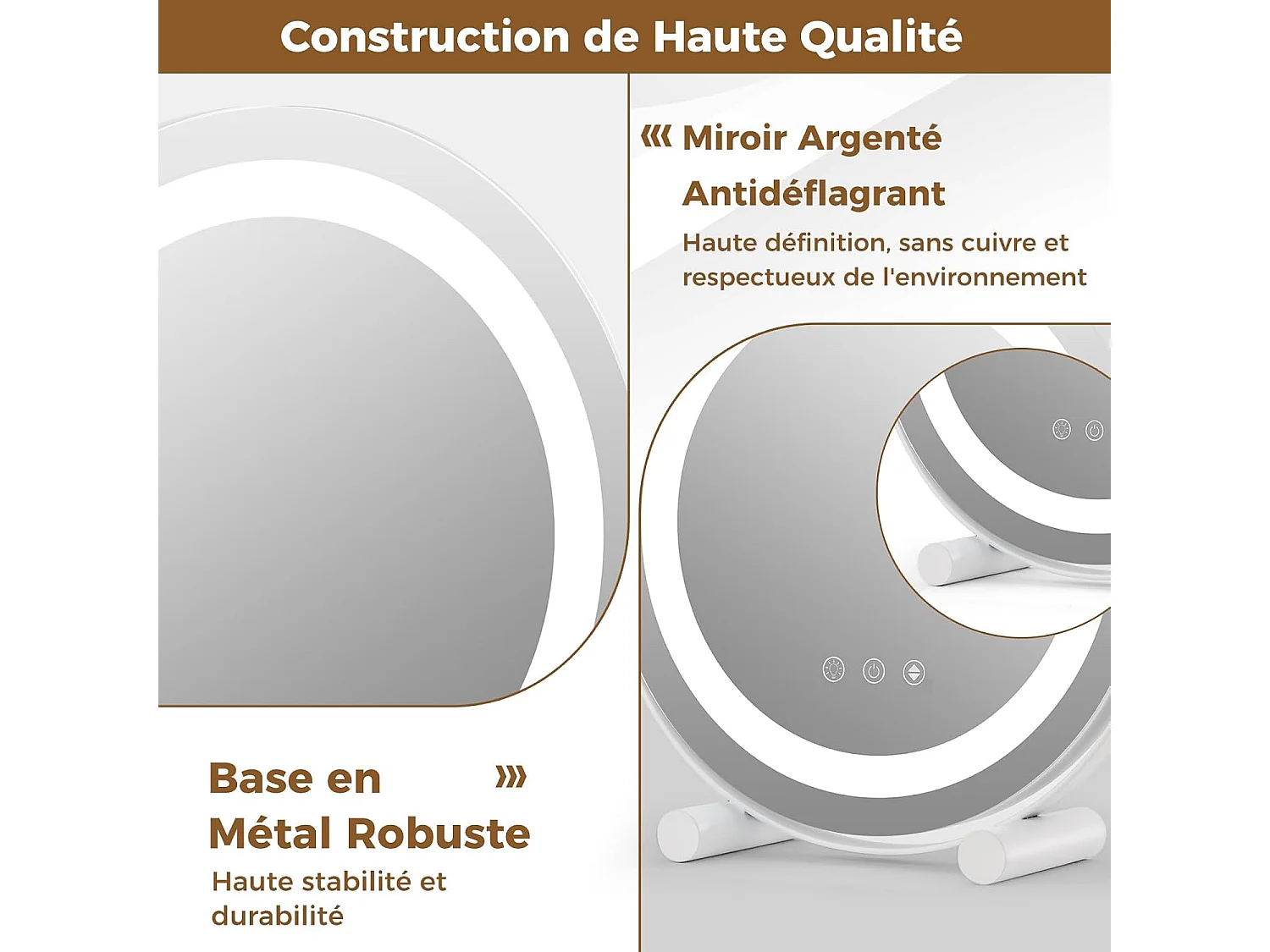 Miroir sur pied maquillage 30 cm, 3 éclairages&couleurs, fonction mémoire