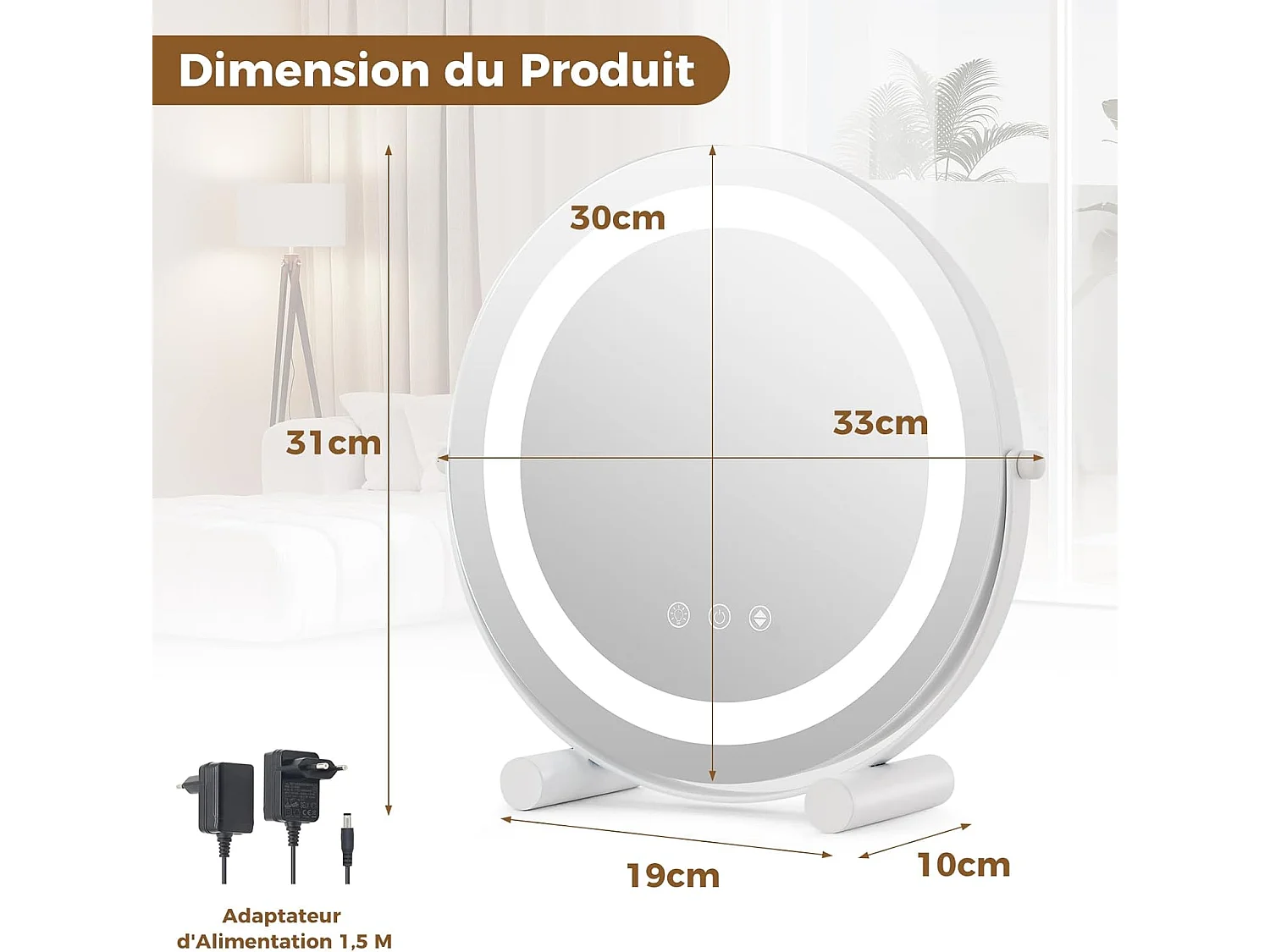 Miroir sur pied maquillage 30 cm, 3 éclairages&couleurs, fonction mémoire