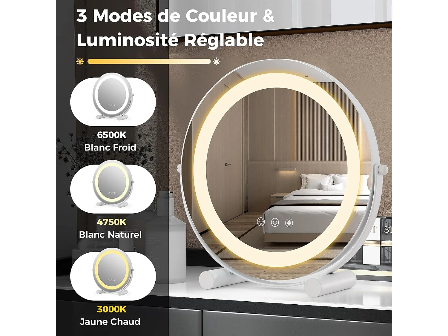 Miroir sur pied maquillage 30 cm, 3 éclairages&couleurs, fonction mémoire