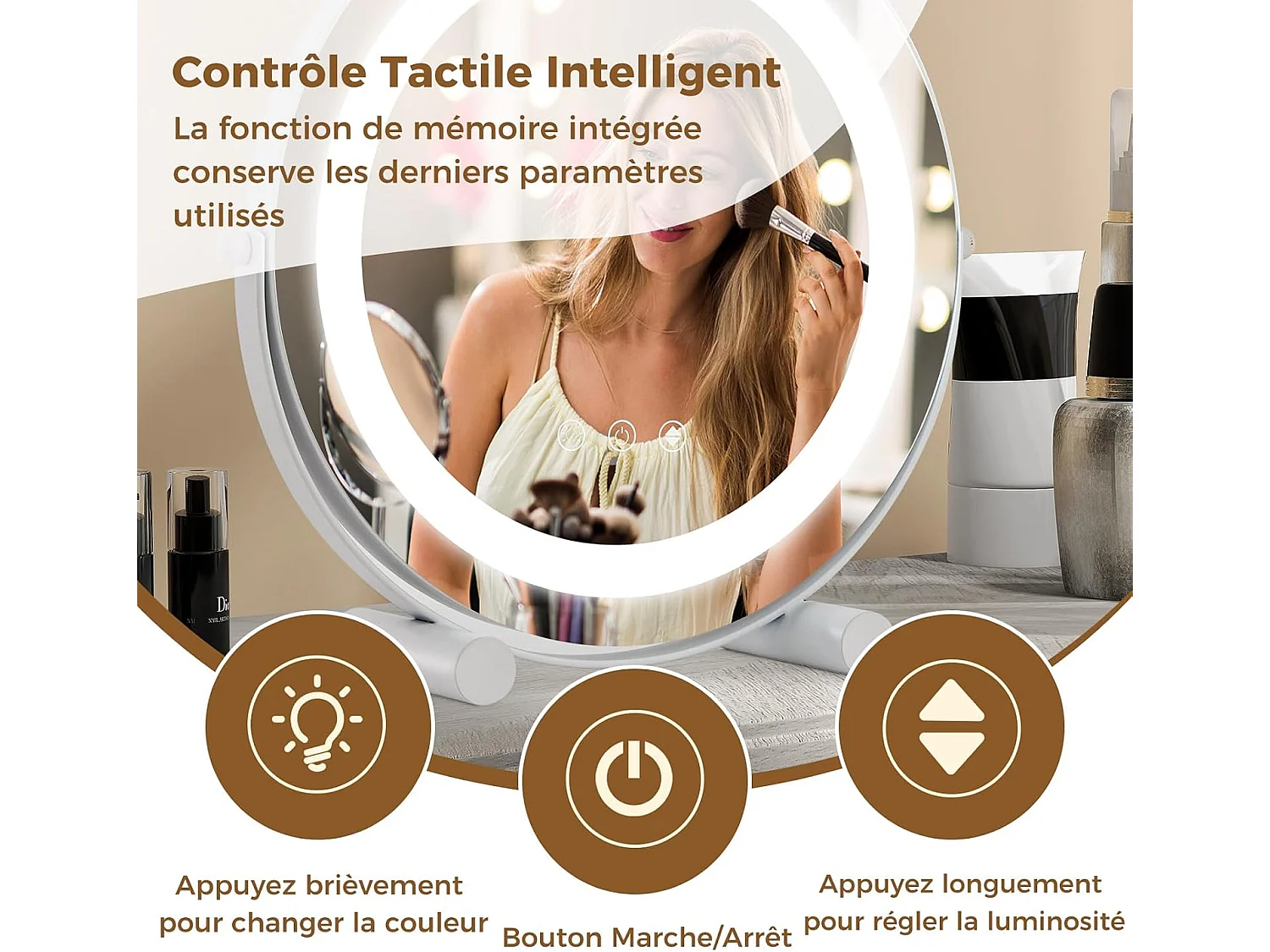 Miroir sur pied maquillage 30 cm, 3 éclairages&couleurs, fonction mémoire