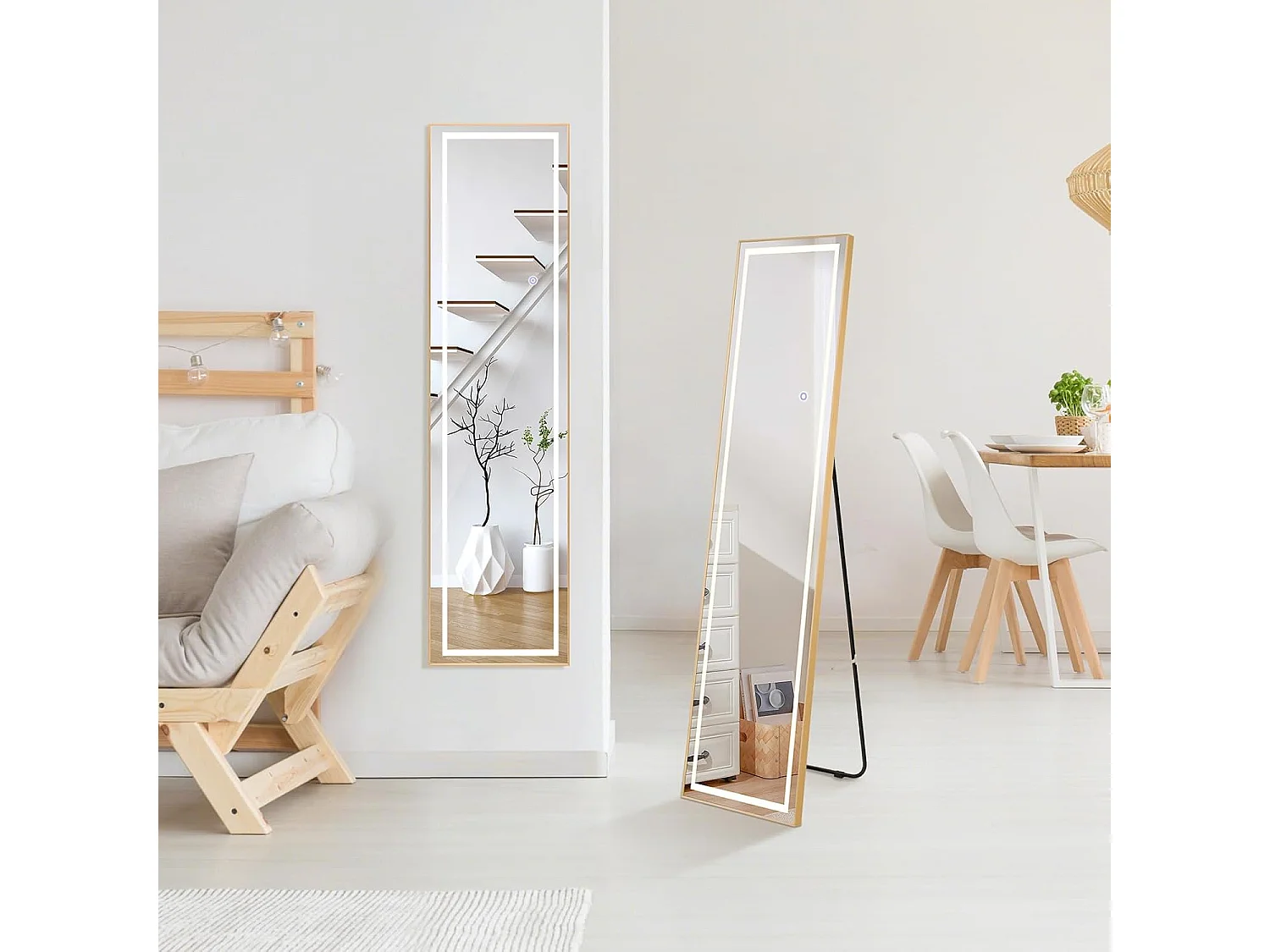 Miroir sur Pied Rectangulaire avec LED, Grand Miroir Mural avec Cadre en Aluminium 37x155 CM, Éclairage 3 Couleurs et Intensité Variable, Doré (Rectangulaire)