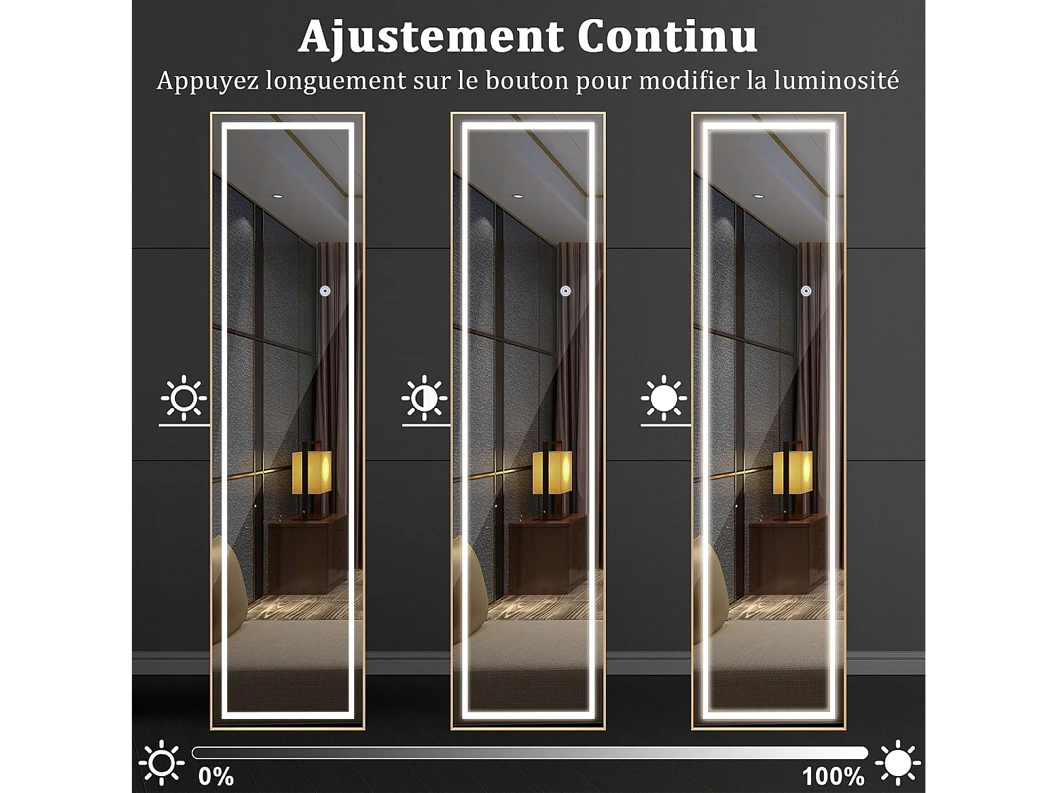 Miroir sur Pied Rectangulaire avec LED, Grand Miroir Mural avec Cadre en Aluminium 37x155 CM, Éclairage 3 Couleurs et Intensité Variable, Doré (Rectangulaire)