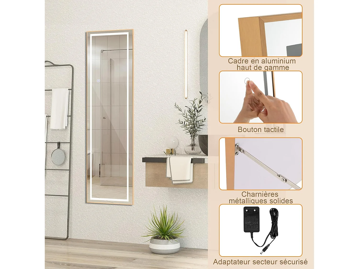 Miroir sur Pied Rectangulaire avec LED, Grand Miroir Mural avec Cadre en Aluminium 37x155 CM, Éclairage 3 Couleurs et Intensité Variable, Doré (Rectangulaire)