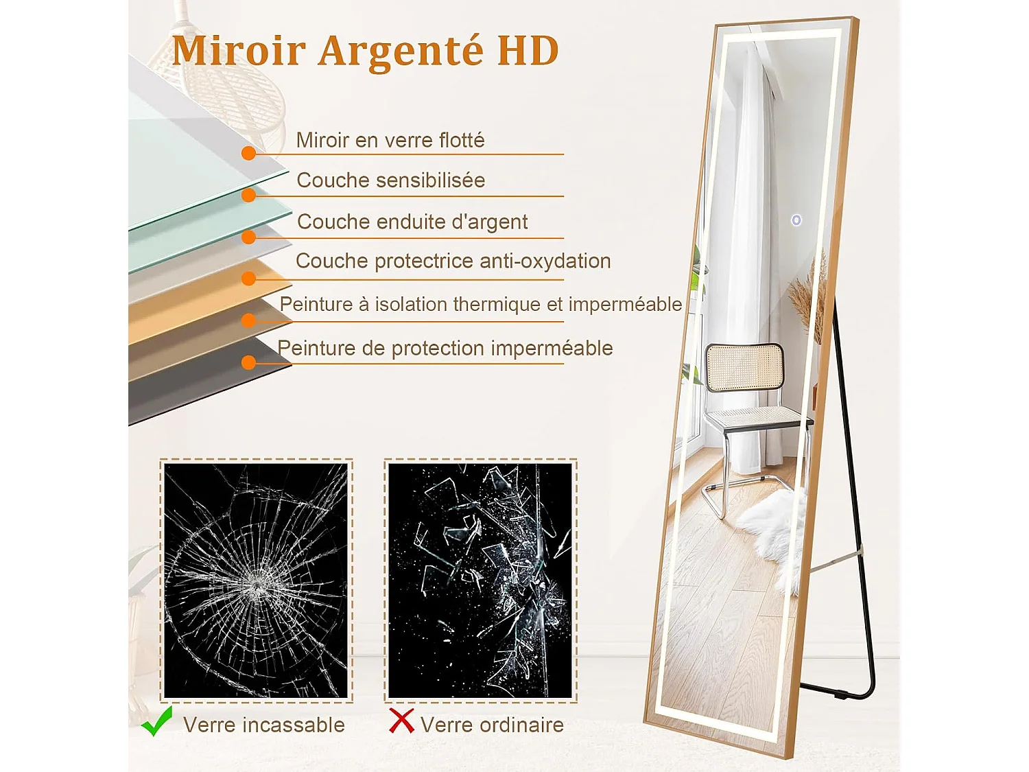 Miroir sur Pied Rectangulaire avec LED, Grand Miroir Mural avec Cadre en Aluminium 37x155 CM, Éclairage 3 Couleurs et Intensité Variable, Doré (Rectangulaire)