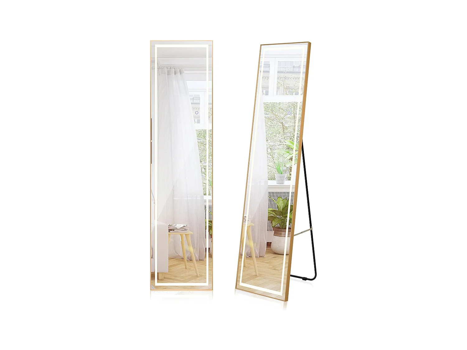 Miroir sur Pied Rectangulaire avec LED, Grand Miroir Mural avec Cadre en Aluminium 37x155 CM, Éclairage 3 Couleurs et Intensité Variable, Doré (Rectangulaire)