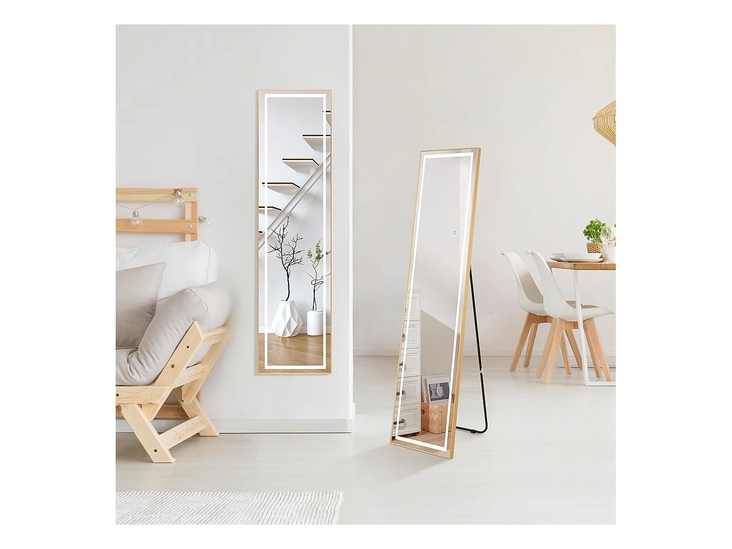 Rechthoekige staande spiegel met LED, grote wandspiegel met aluminium frame 37x155 CM, 3 kleuren verlichting en dimbaar, goud (rechthoekig)