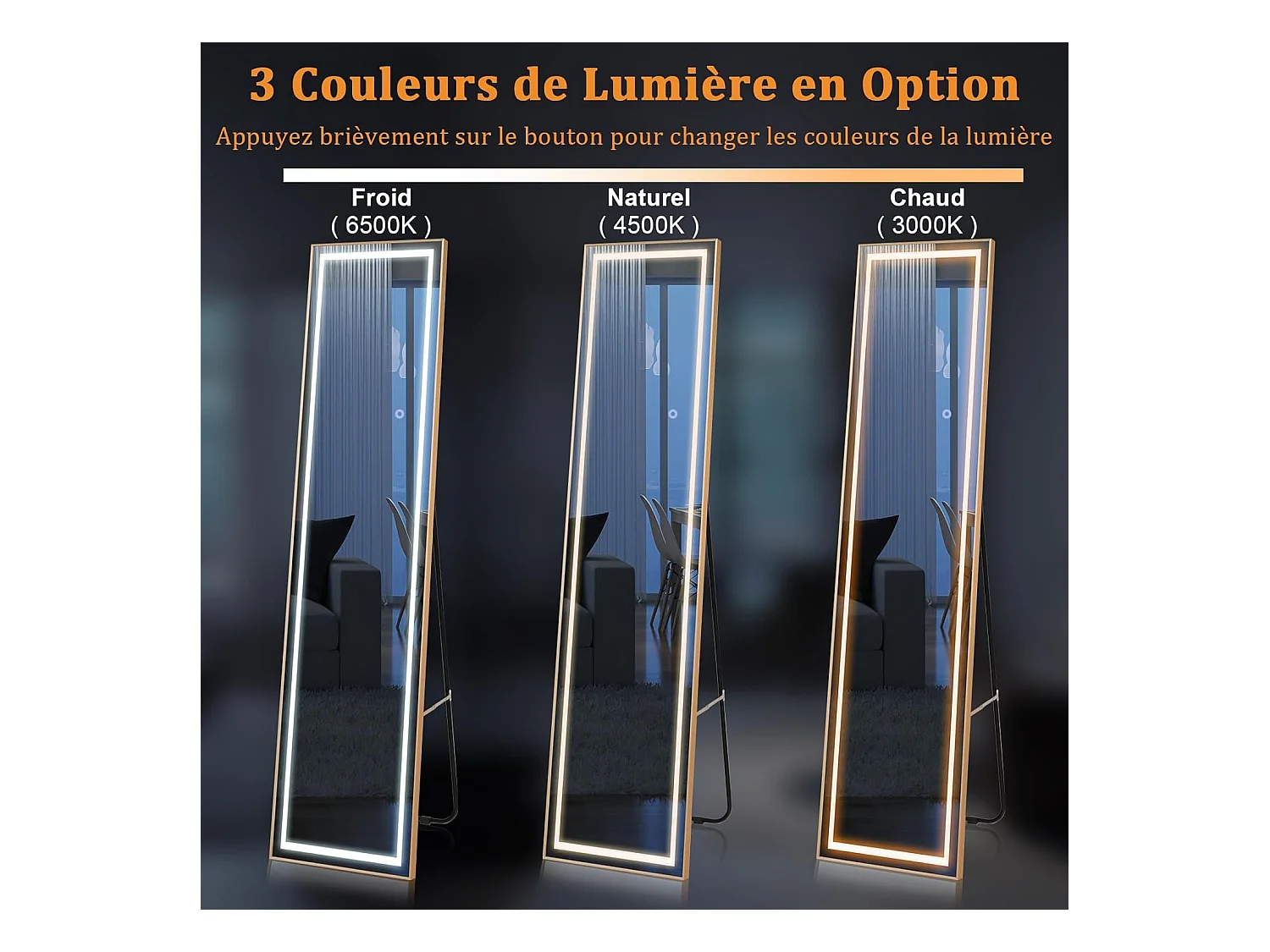 Rechthoekige staande spiegel met LED, grote wandspiegel met aluminium frame 37x155 CM, 3 kleuren verlichting en dimbaar, goud (rechthoekig)