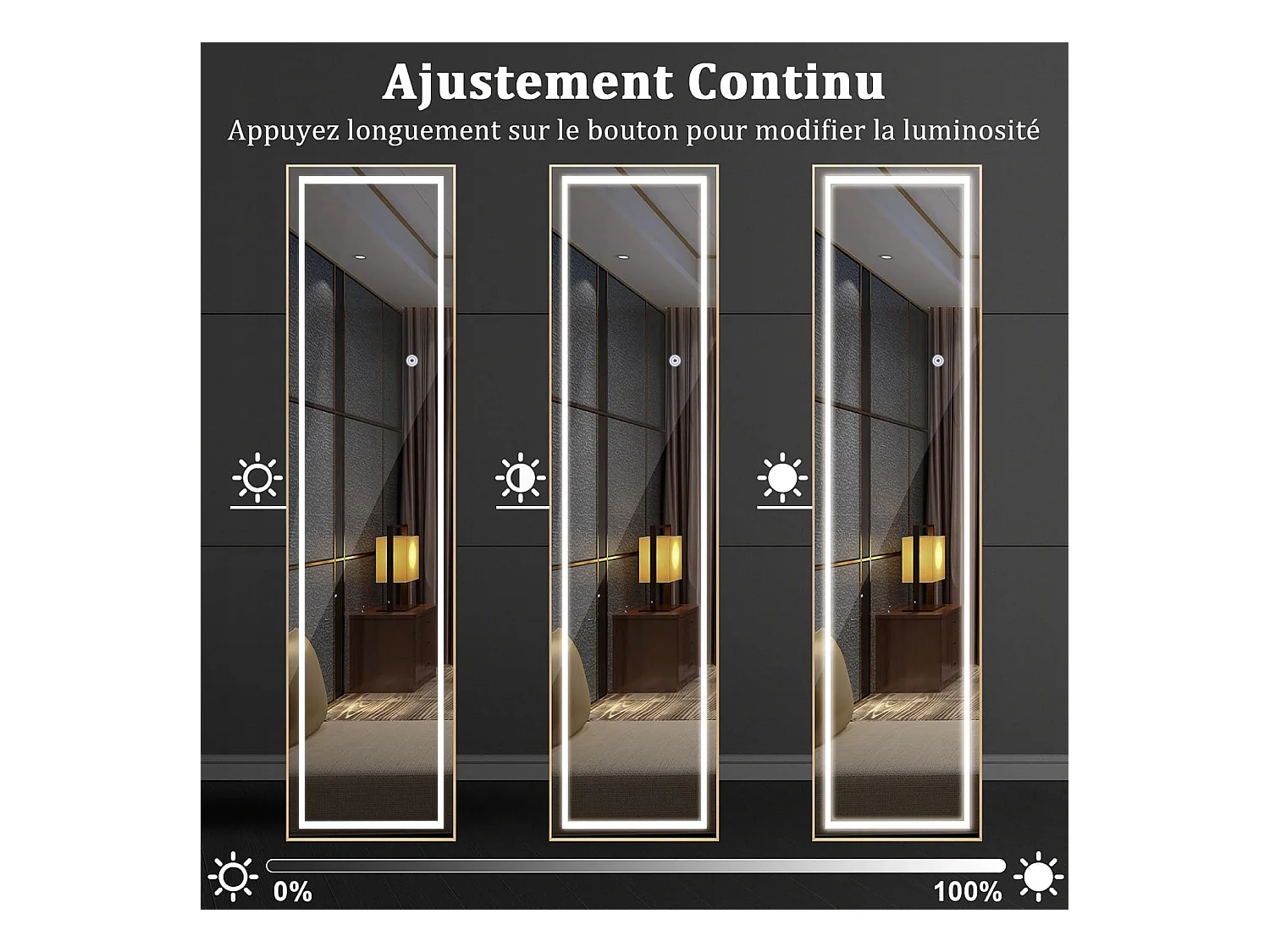 Rechthoekige staande spiegel met LED, grote wandspiegel met aluminium frame 37x155 CM, 3 kleuren verlichting en dimbaar, goud (rechthoekig)