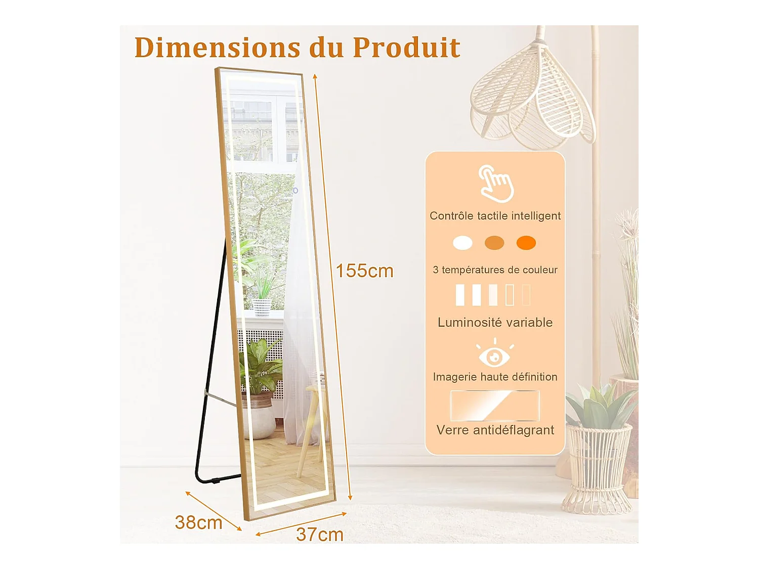 Rechthoekige staande spiegel met LED, grote wandspiegel met aluminium frame 37x155 CM, 3 kleuren verlichting en dimbaar, goud (rechthoekig)