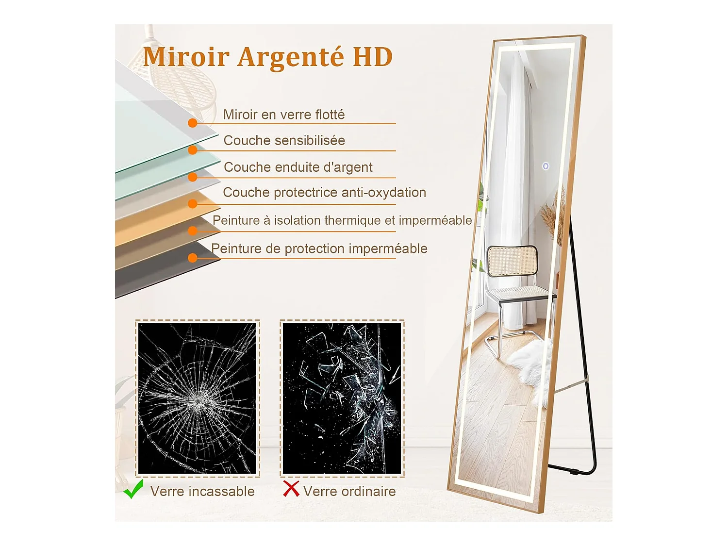 Rechthoekige staande spiegel met LED, grote wandspiegel met aluminium frame 37x155 CM, 3 kleuren verlichting en dimbaar, goud (rechthoekig)