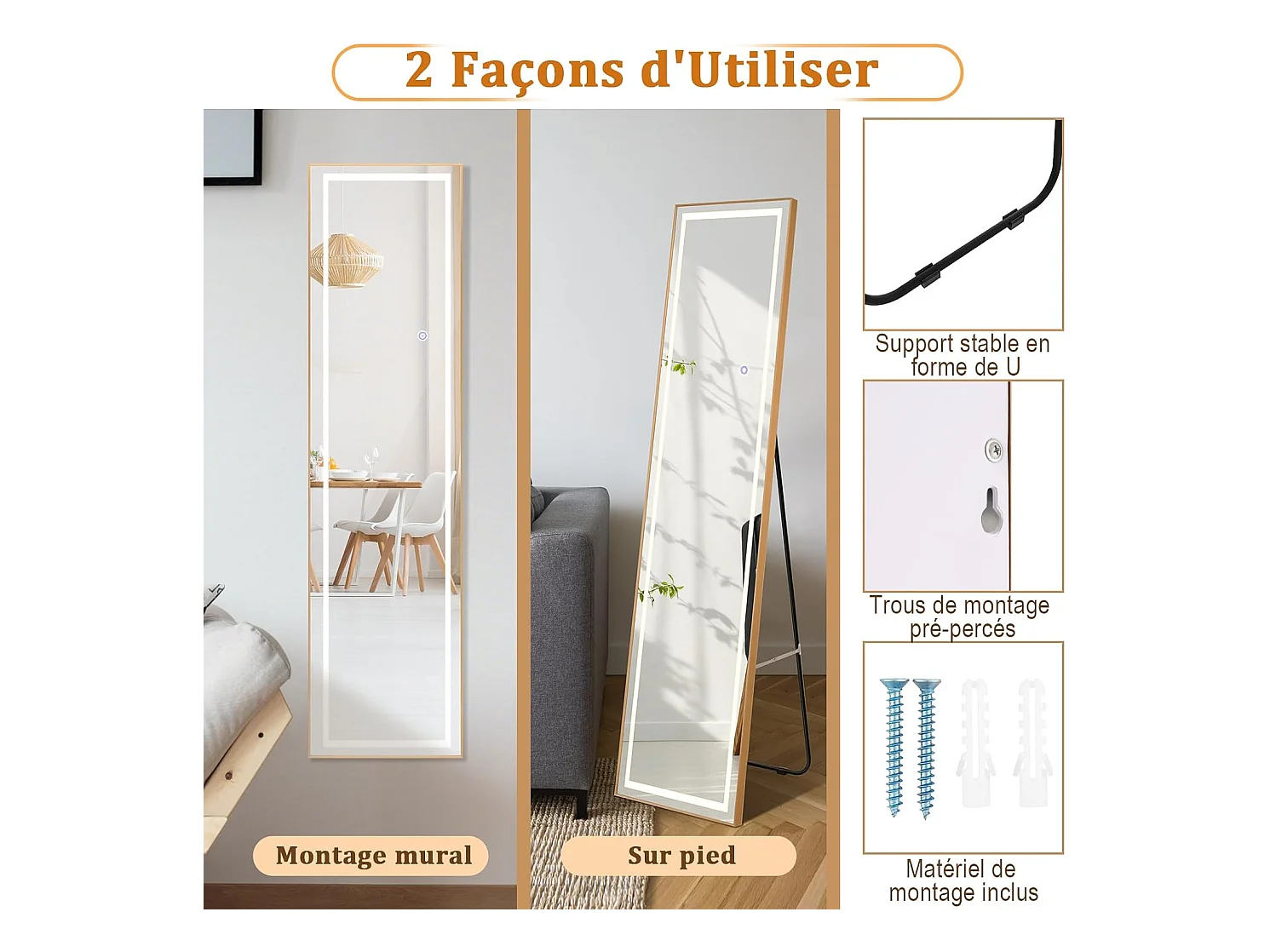 Rechthoekige staande spiegel met LED, grote wandspiegel met aluminium frame 37x155 CM, 3 kleuren verlichting en dimbaar, goud (rechthoekig)