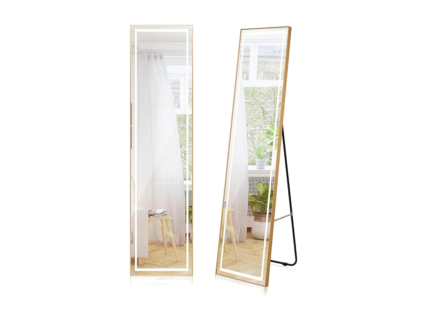 Rechthoekige staande spiegel met LED, grote wandspiegel met aluminium frame 37x155 CM, 3 kleuren verlichting en dimbaar, goud (rechthoekig)