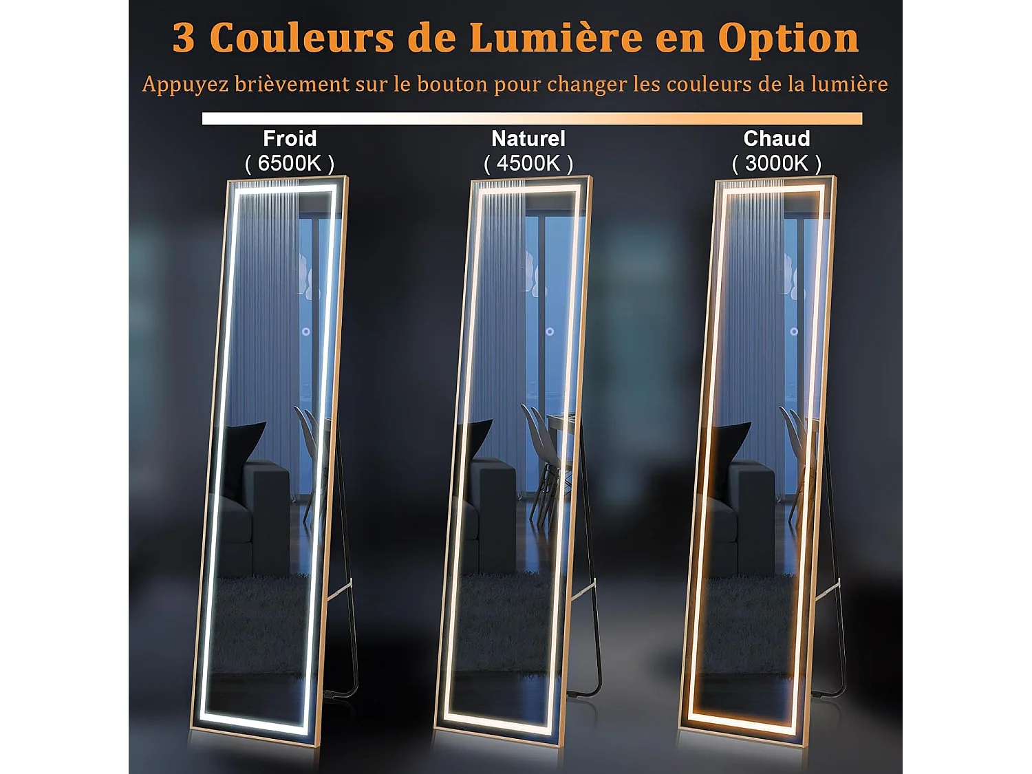 Rechthoekige staande spiegel met LED, grote wandspiegel met aluminium frame 37x155 CM, 3 kleuren verlichting en dimbaar, goud (rechthoekig)