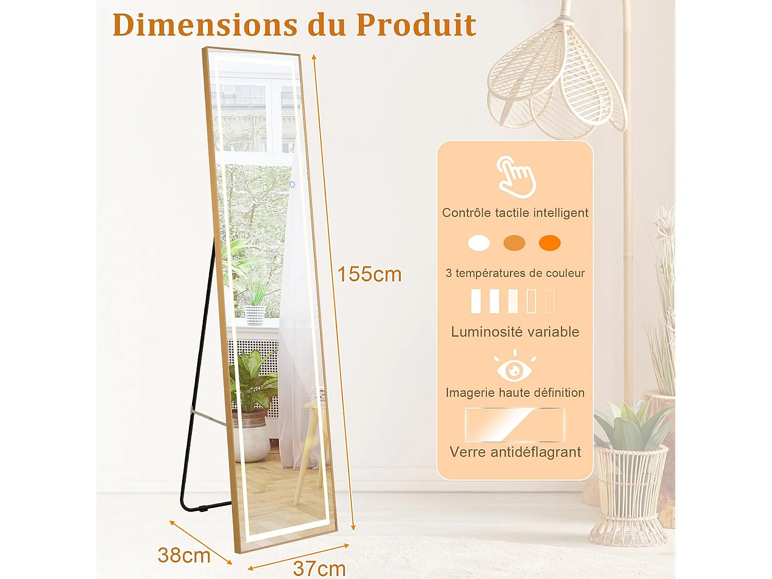 Rechthoekige staande spiegel met LED, grote wandspiegel met aluminium frame 37x155 CM, 3 kleuren verlichting en dimbaar, goud (rechthoekig)