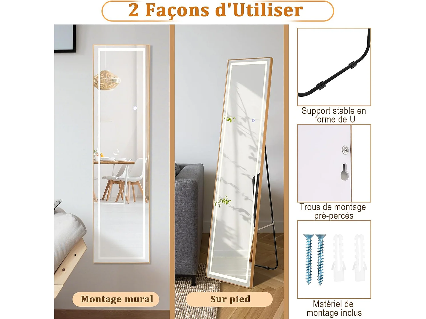 Rechthoekige staande spiegel met LED, grote wandspiegel met aluminium frame 37x155 CM, 3 kleuren verlichting en dimbaar, goud (rechthoekig)