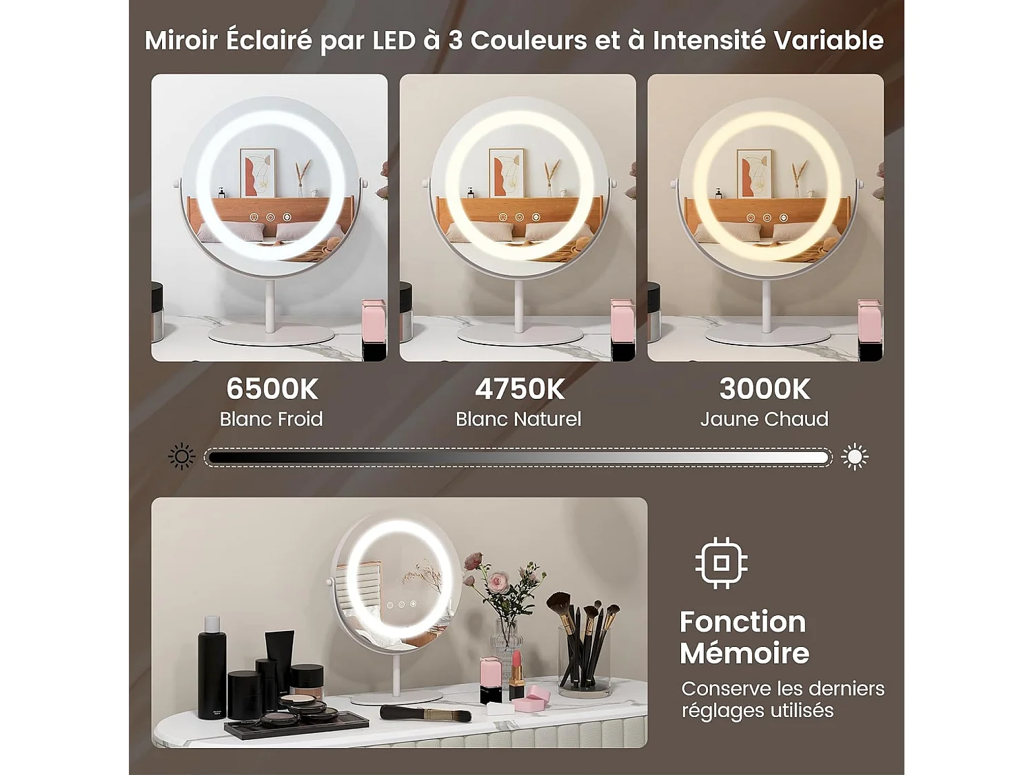 Miroir sur pied maquillage, miroir lumineux maquillage ronde dia.25 cm, 3 éclairages