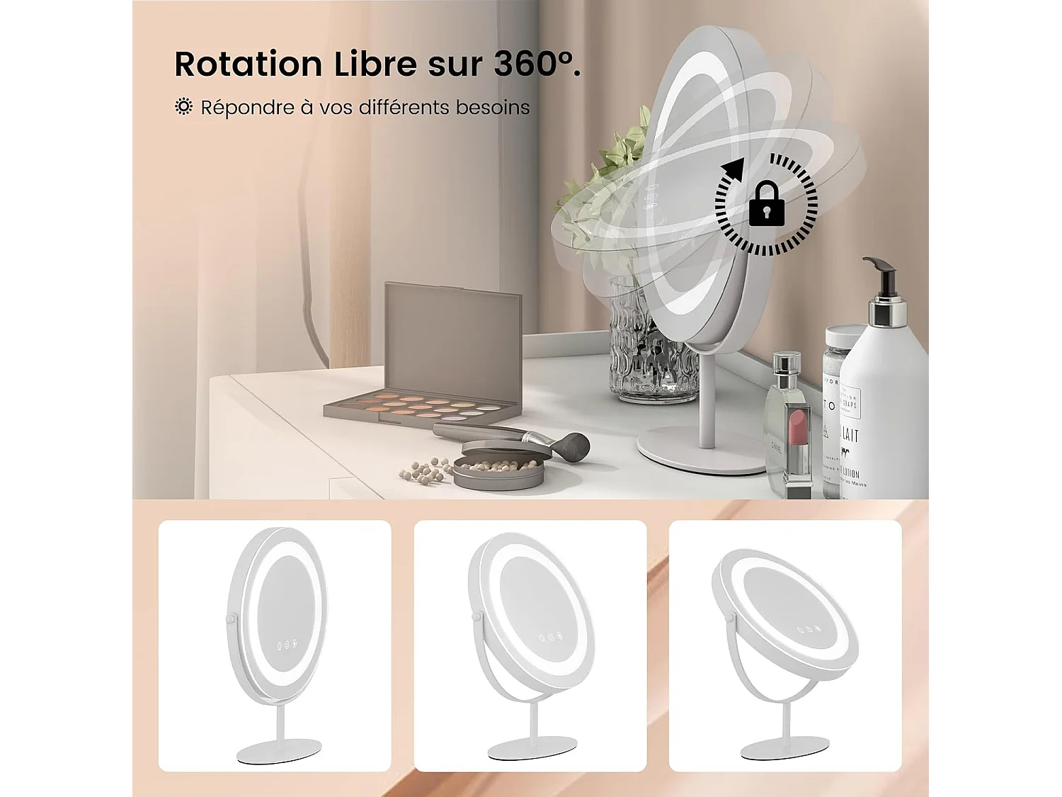 Miroir sur pied maquillage, miroir lumineux maquillage ronde dia.25 cm, 3 éclairages