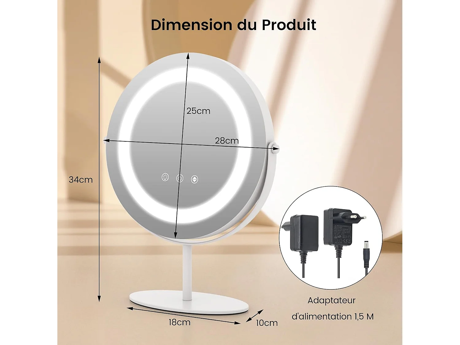 Miroir sur pied maquillage, miroir lumineux maquillage ronde dia.25 cm, 3 éclairages