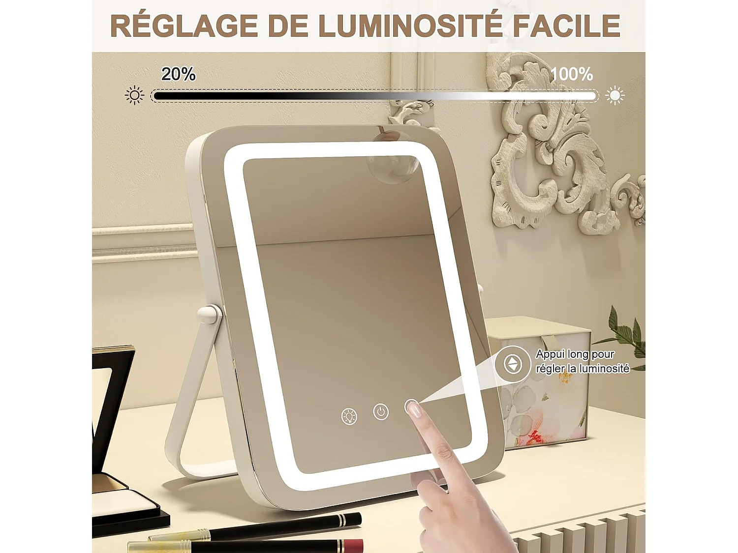 Miroir sur pied maquillage carré 25x30cm, 3 éclairages&couleurs, fonction mémoire