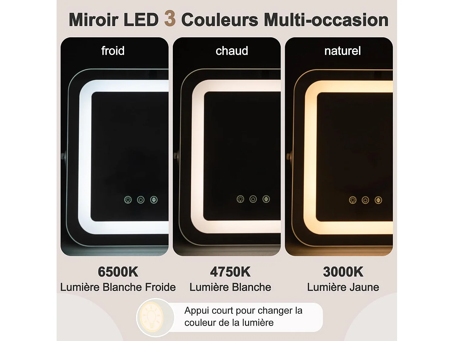 Miroir sur pied maquillage carré 25x30cm, 3 éclairages&couleurs, fonction mémoire