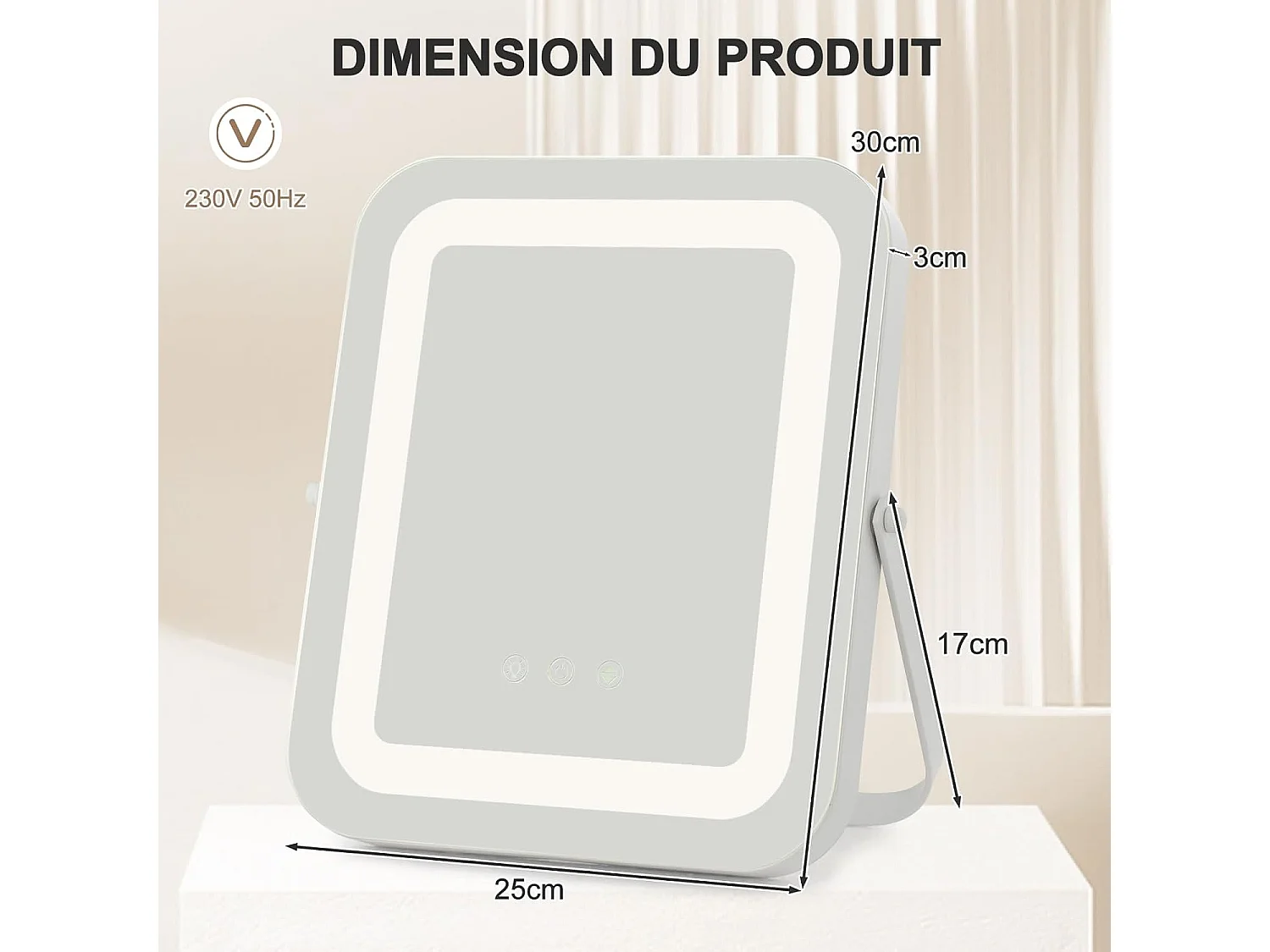 Miroir sur pied maquillage carré 25x30cm, 3 éclairages&couleurs, fonction mémoire