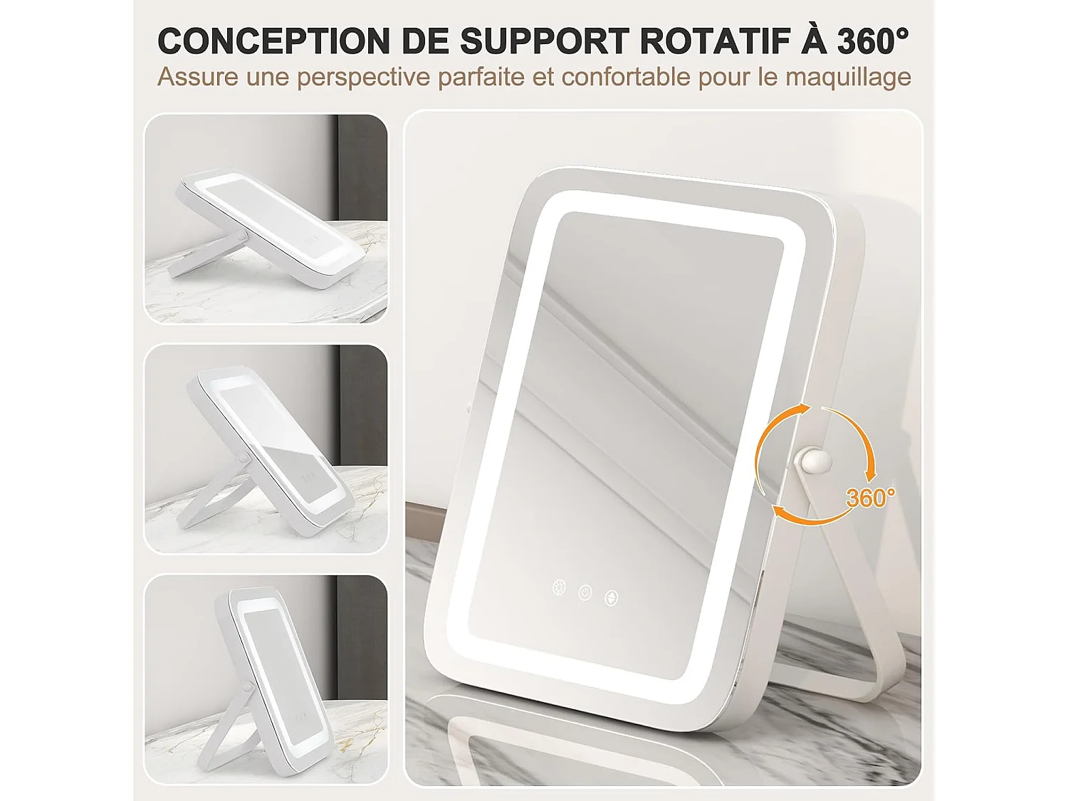 Miroir sur pied maquillage carré 25x30cm, 3 éclairages&couleurs, fonction mémoire