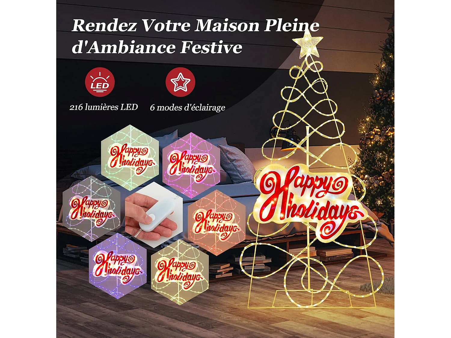 Décoration de noël colorée de 170 cm, avec 216 lumières led 6 modes d'éclairage