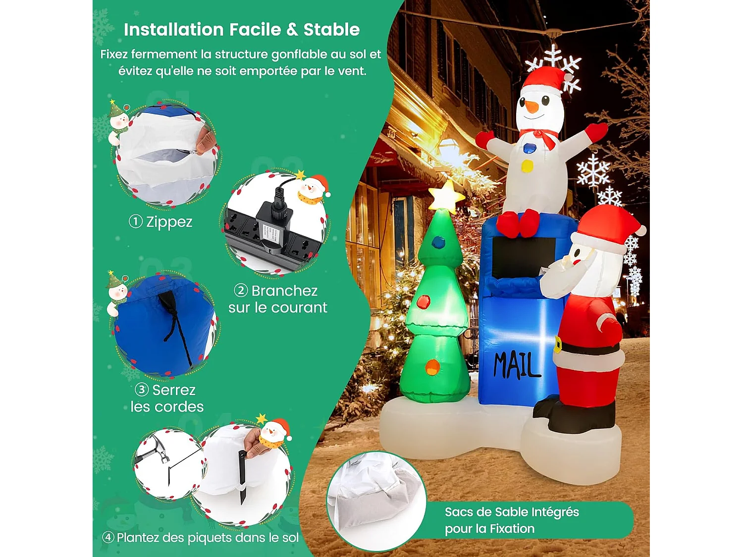 Décoration gonflable noël 185cm, décorations avec lumières led intégrées sac de sable