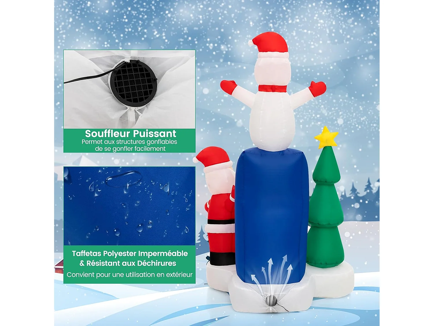 Décoration gonflable noël 185cm, décorations avec lumières led intégrées sac de sable