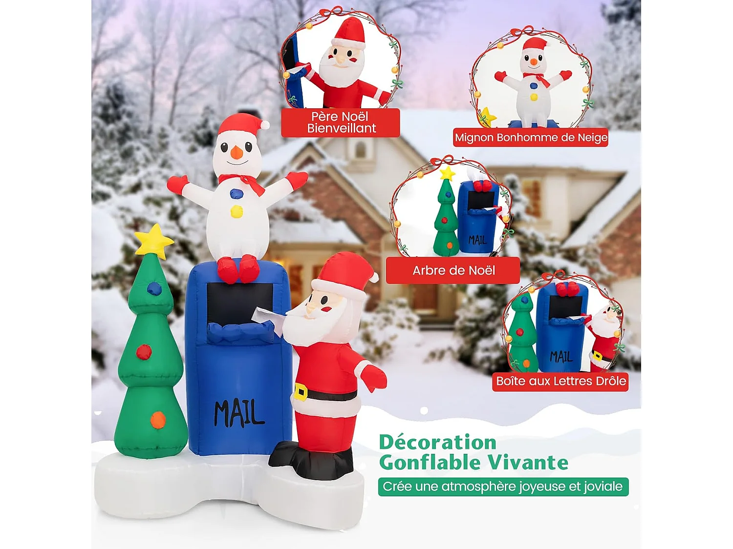 Décoration gonflable noël 185cm, décorations avec lumières led intégrées sac de sable