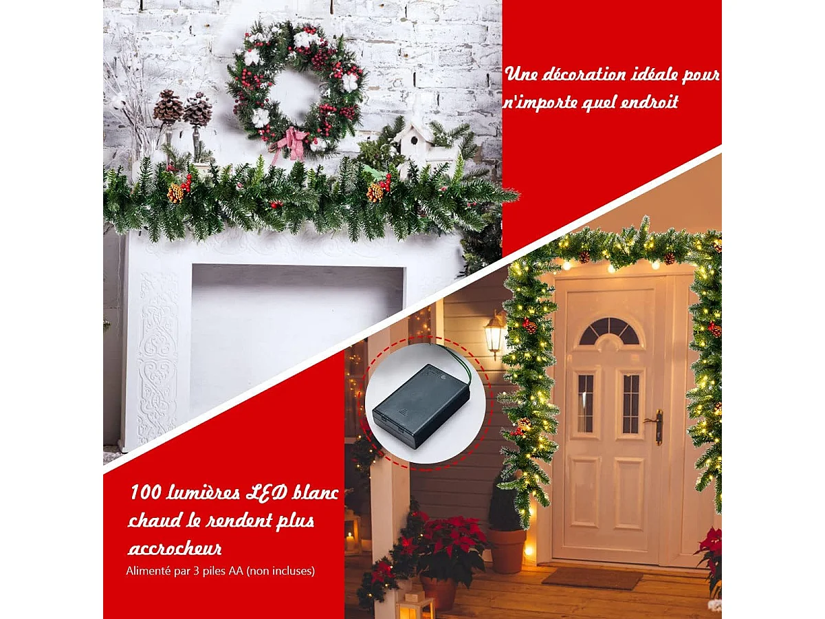 Guirlande de noël décorative 270cm avec 100 lumières led pré-installées baies rouges