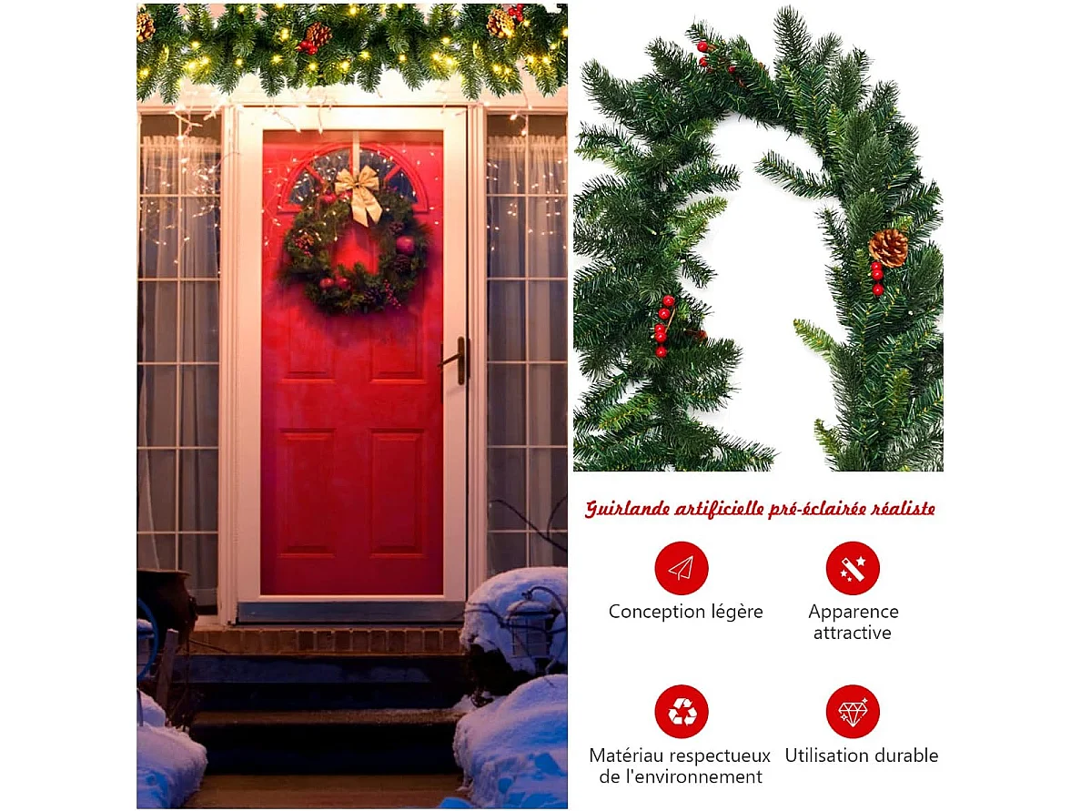 Guirlande de noël décorative 270cm avec 100 lumières led pré-installées baies rouges