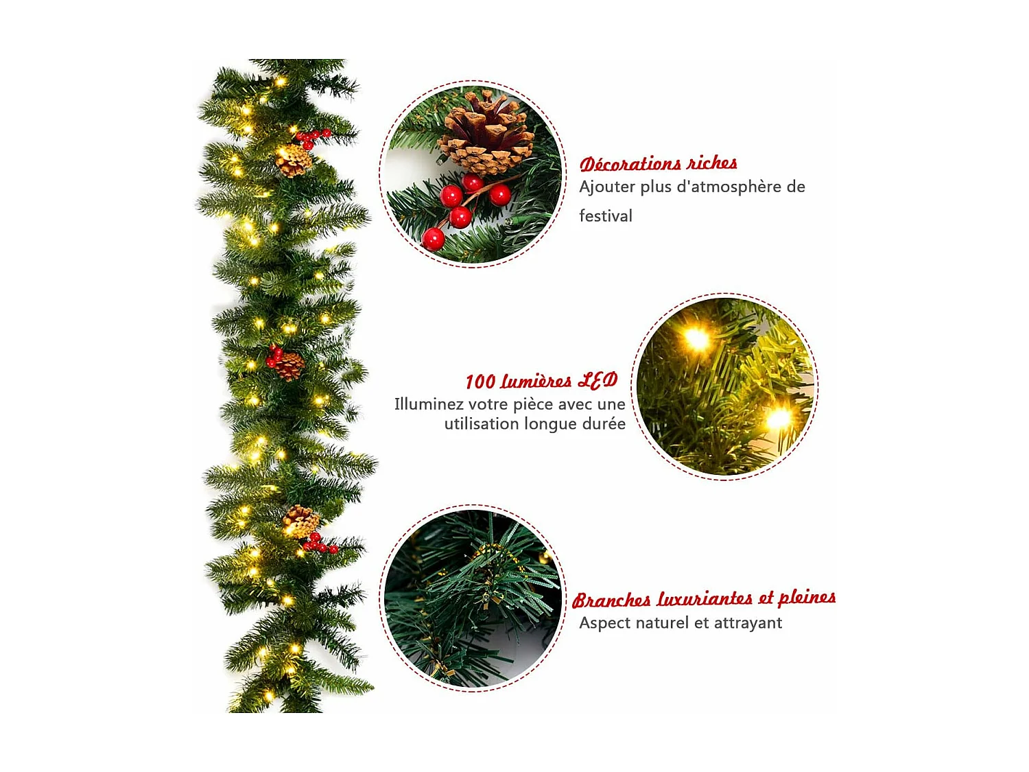 Guirlande de noël décorative 270cm avec 100 lumières led pré-installées baies rouges