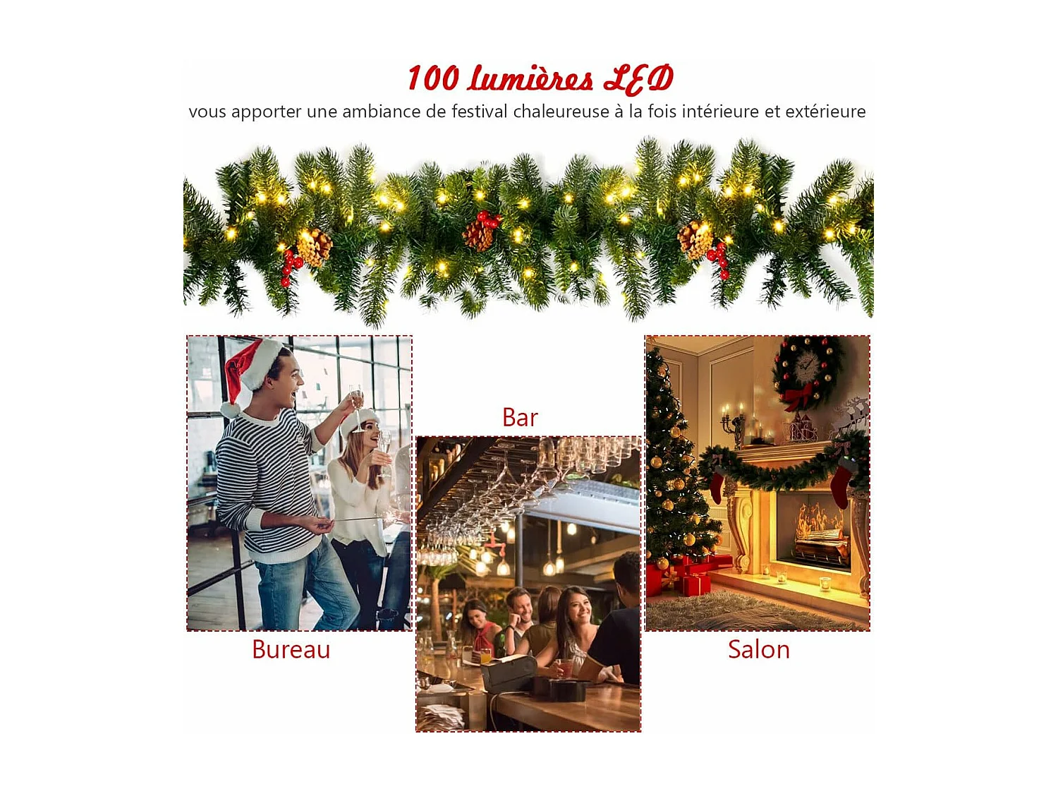 Guirlande de noël décorative 270cm avec 100 lumières led pré-installées baies rouges