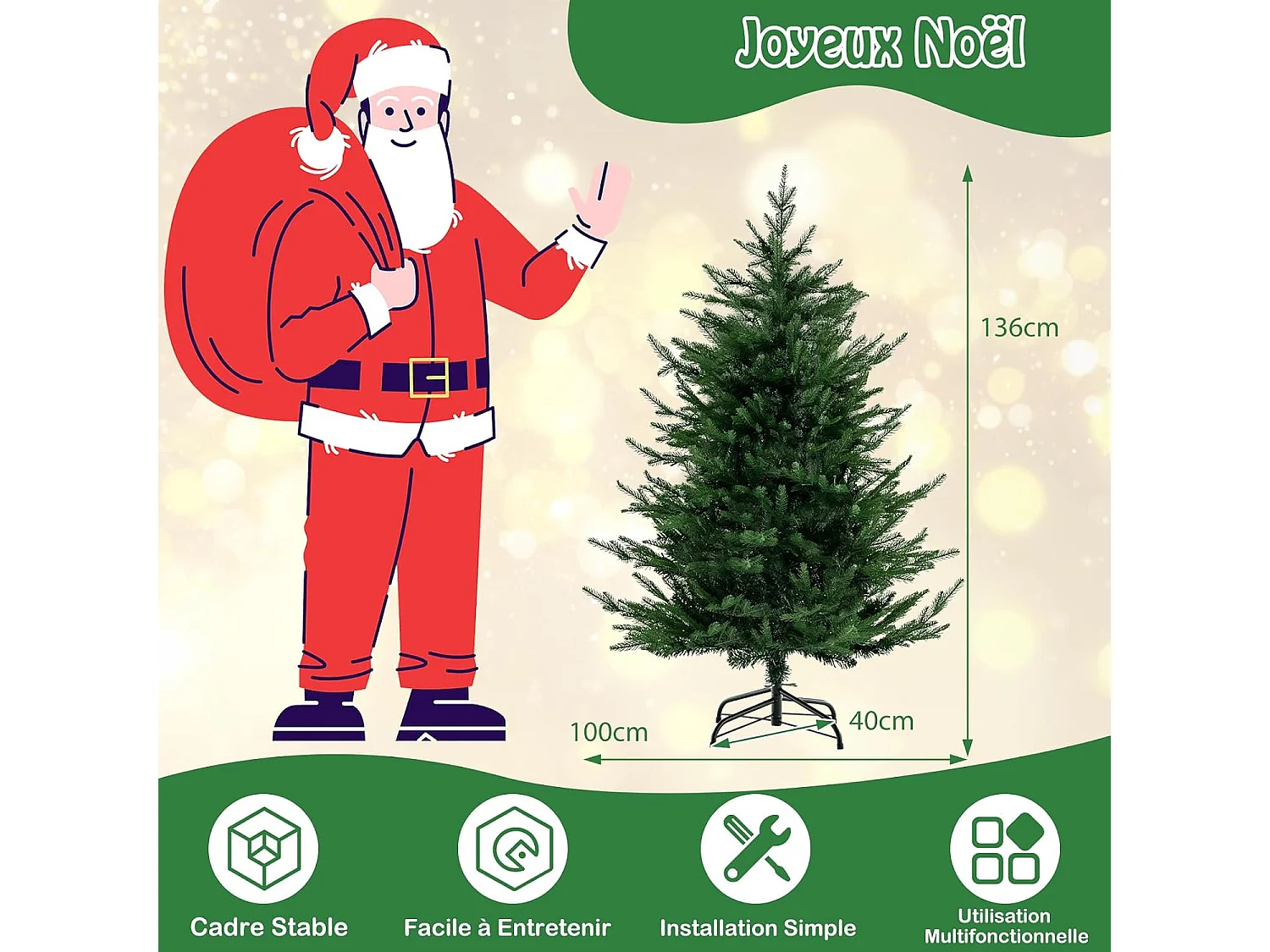 Arbre de noël lumineux, sapin de noël lumineux led avec 8 modes d'éclairage (137cm)