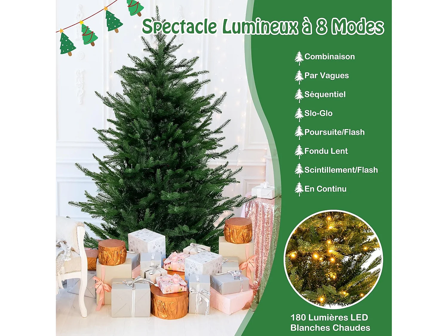 Arbre de noël lumineux, sapin de noël lumineux led avec 8 modes d'éclairage (137cm)
