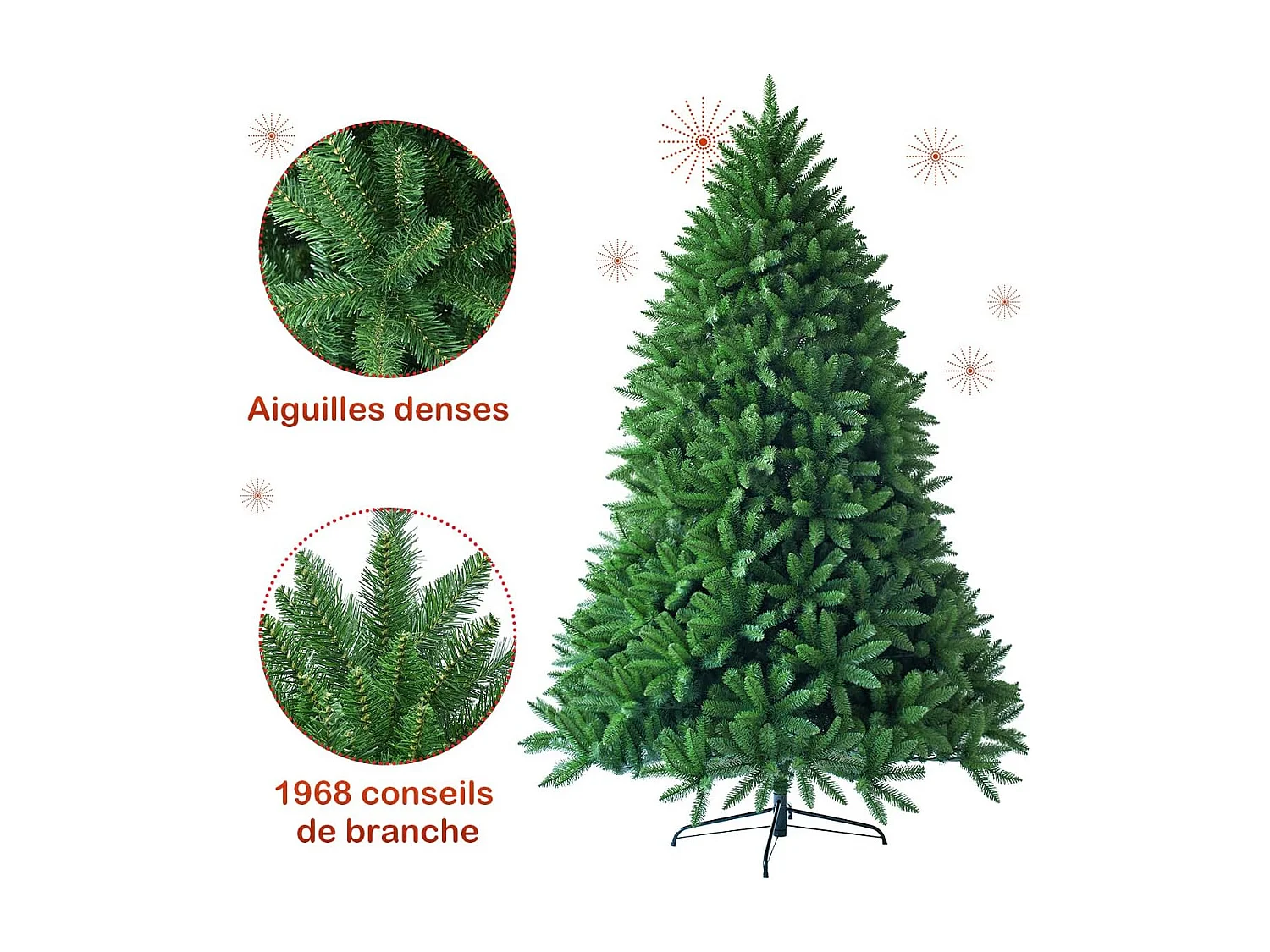 Sapin de noël artificiel 225cm 1968 branches, matériel pvc arbre de noël avec socle