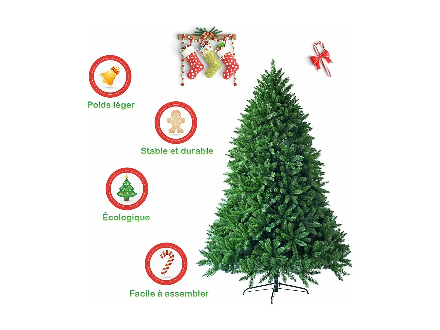 Sapin de noël artificiel 225cm 1968 branches, matériel pvc arbre de noël avec socle