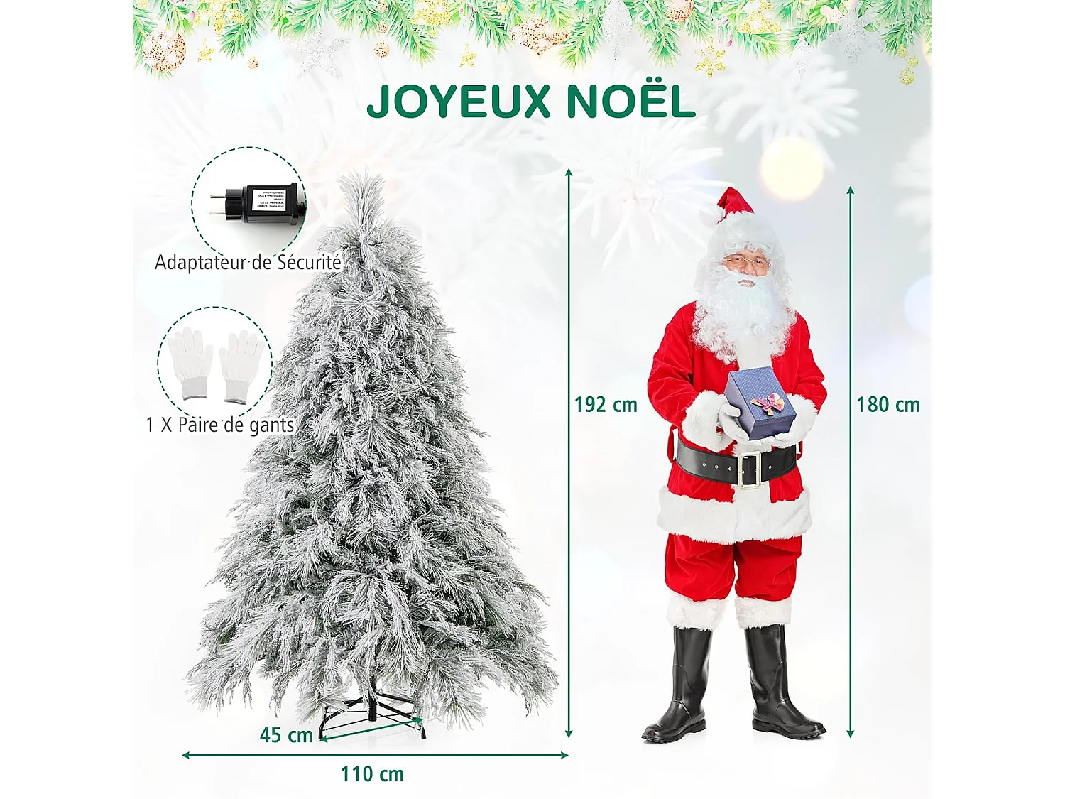 Sapin de noël artificiel 192 cm, 519 branches avec 250 led blanc chaud, aiguilles de pin