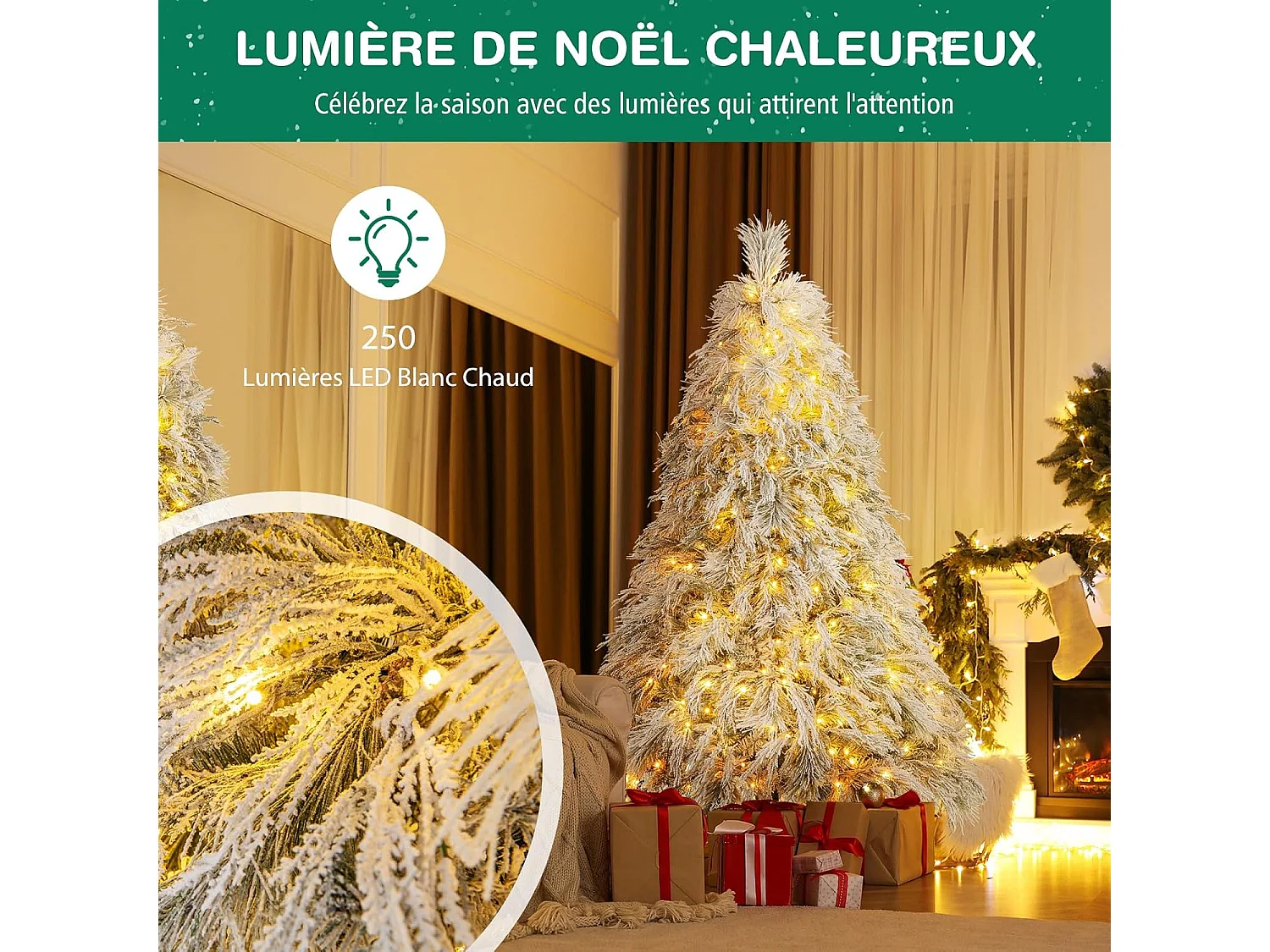 Sapin de noël artificiel 192 cm, 519 branches avec 250 led blanc chaud, aiguilles de pin