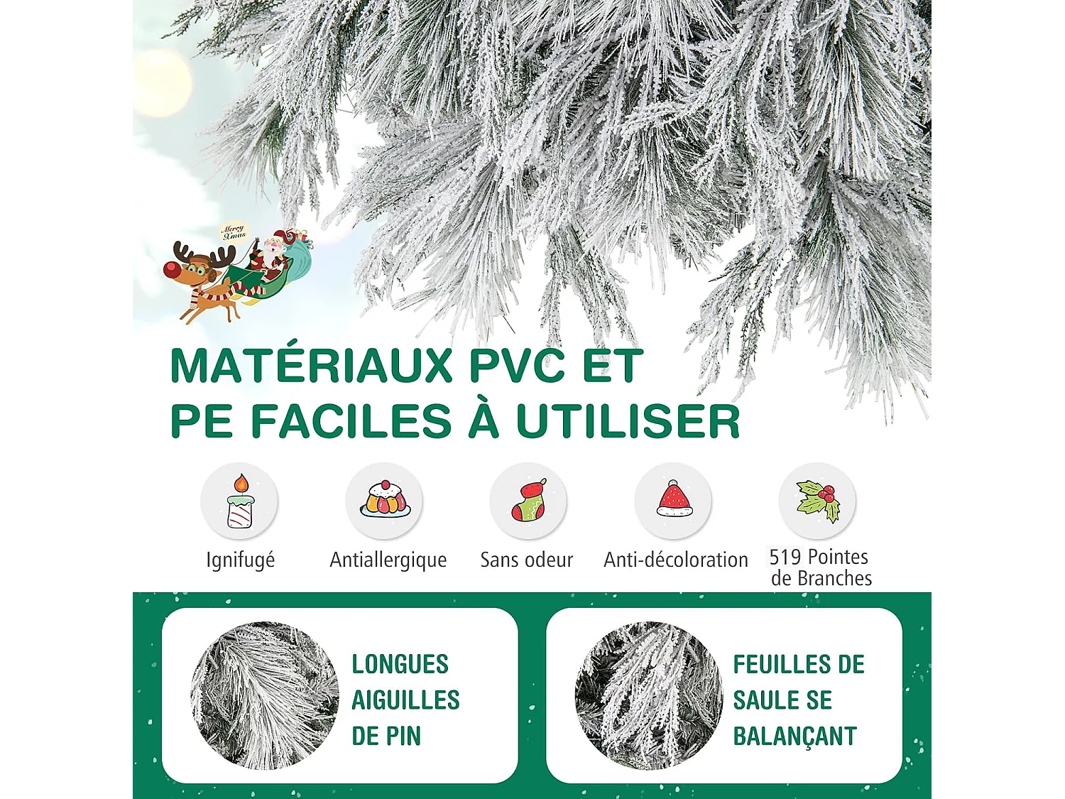 Sapin de noël artificiel 192 cm, 519 branches avec 250 led blanc chaud, aiguilles de pin
