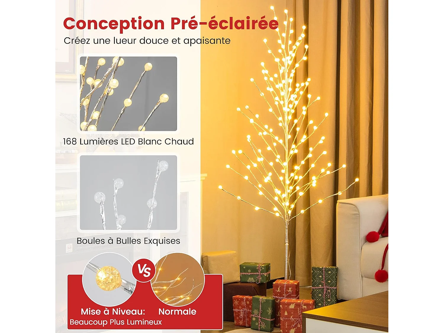 Arbre de bouleau eclairé de 155 cm, arbre de noël artificiel avec 168 lumières led
