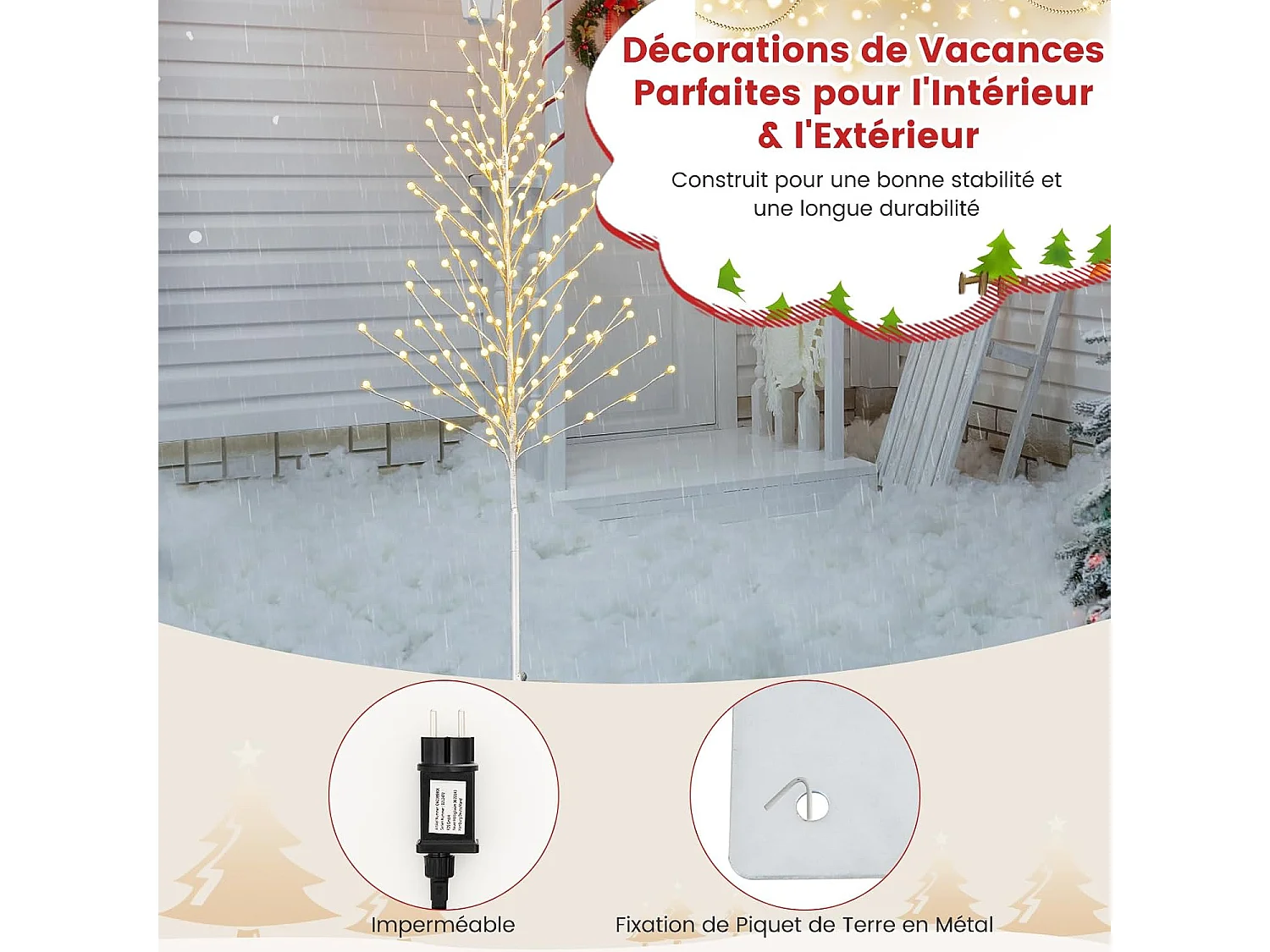 Arbre de bouleau eclairé de 155 cm, arbre de noël artificiel avec 168 lumières led