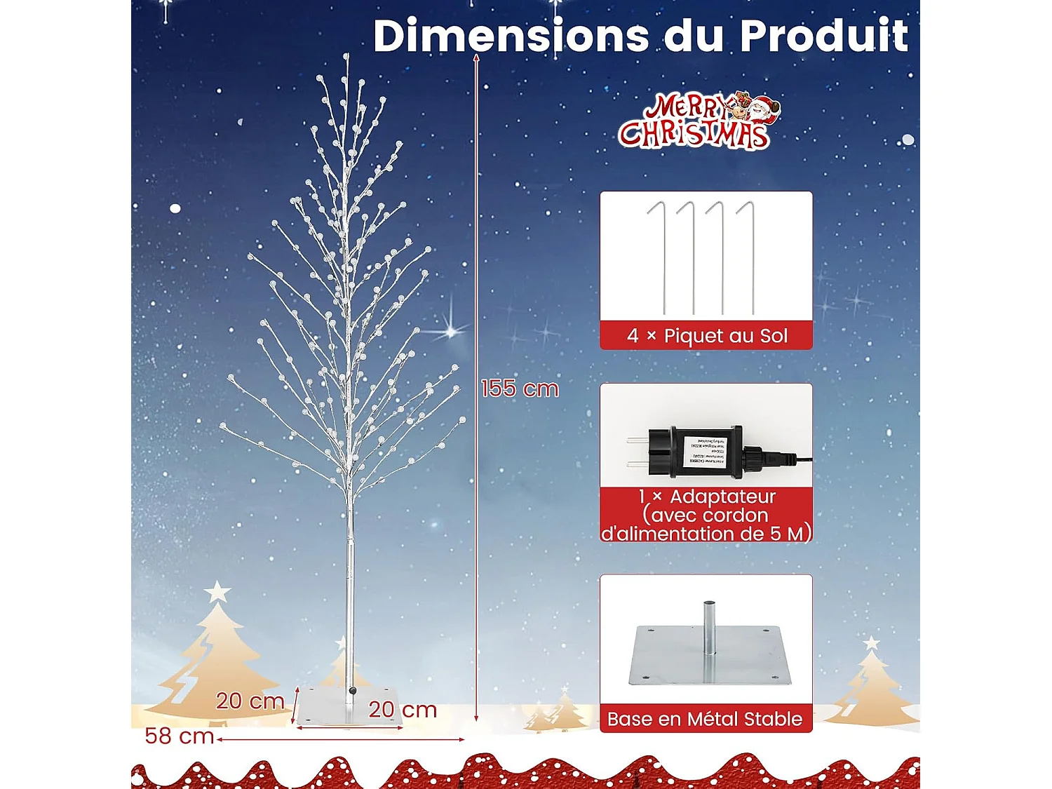 Arbre de bouleau eclairé de 155 cm, arbre de noël artificiel avec 168 lumières led