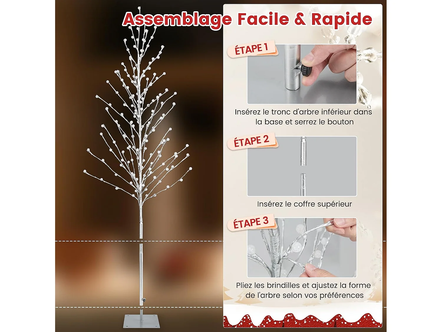 Arbre de bouleau eclairé de 155 cm, arbre de noël artificiel avec 168 lumières led