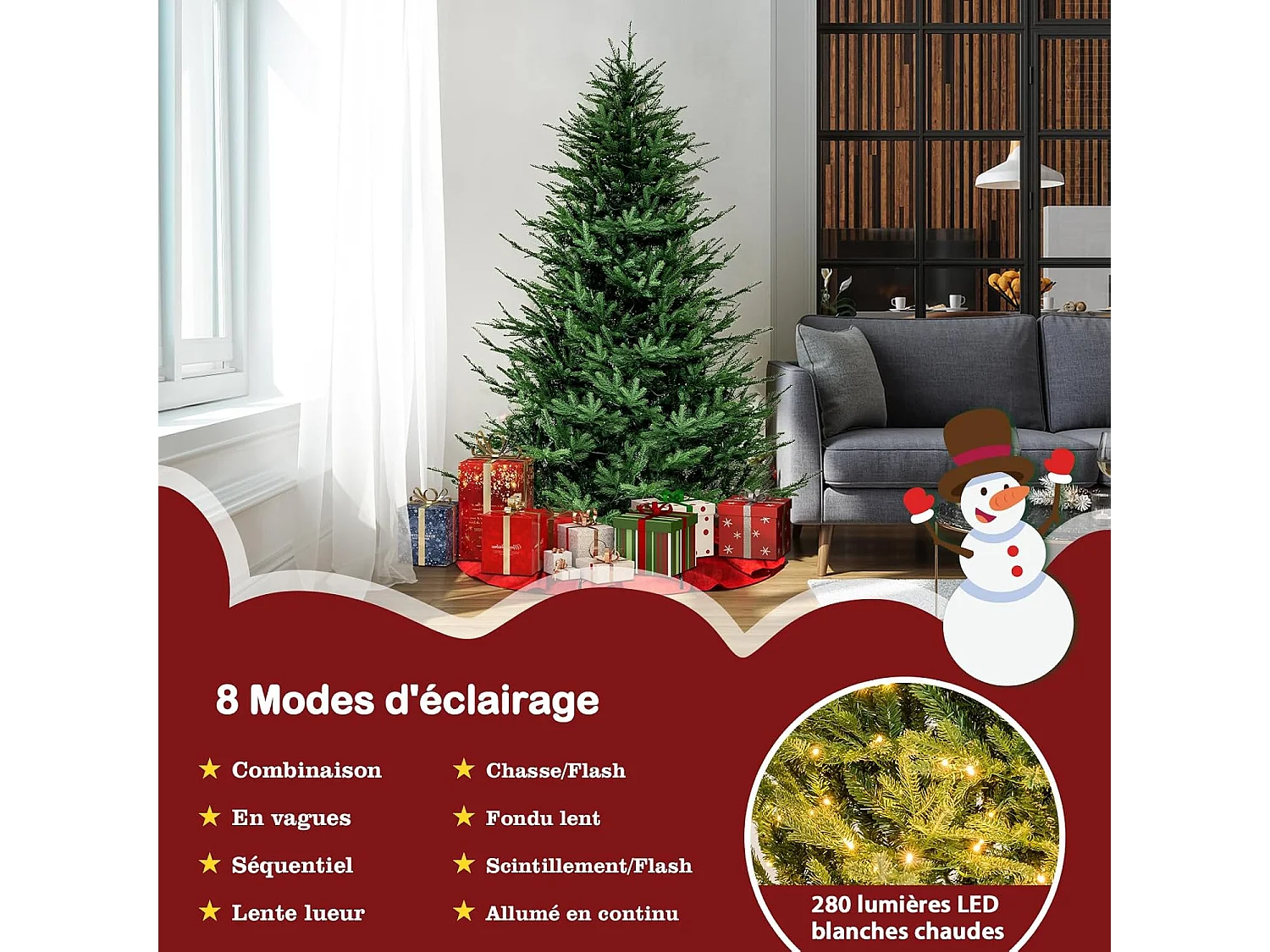 Sapin de noël lumineux, arbre de noël lumineux led avec 8 modes d'éclairage (180cm)
