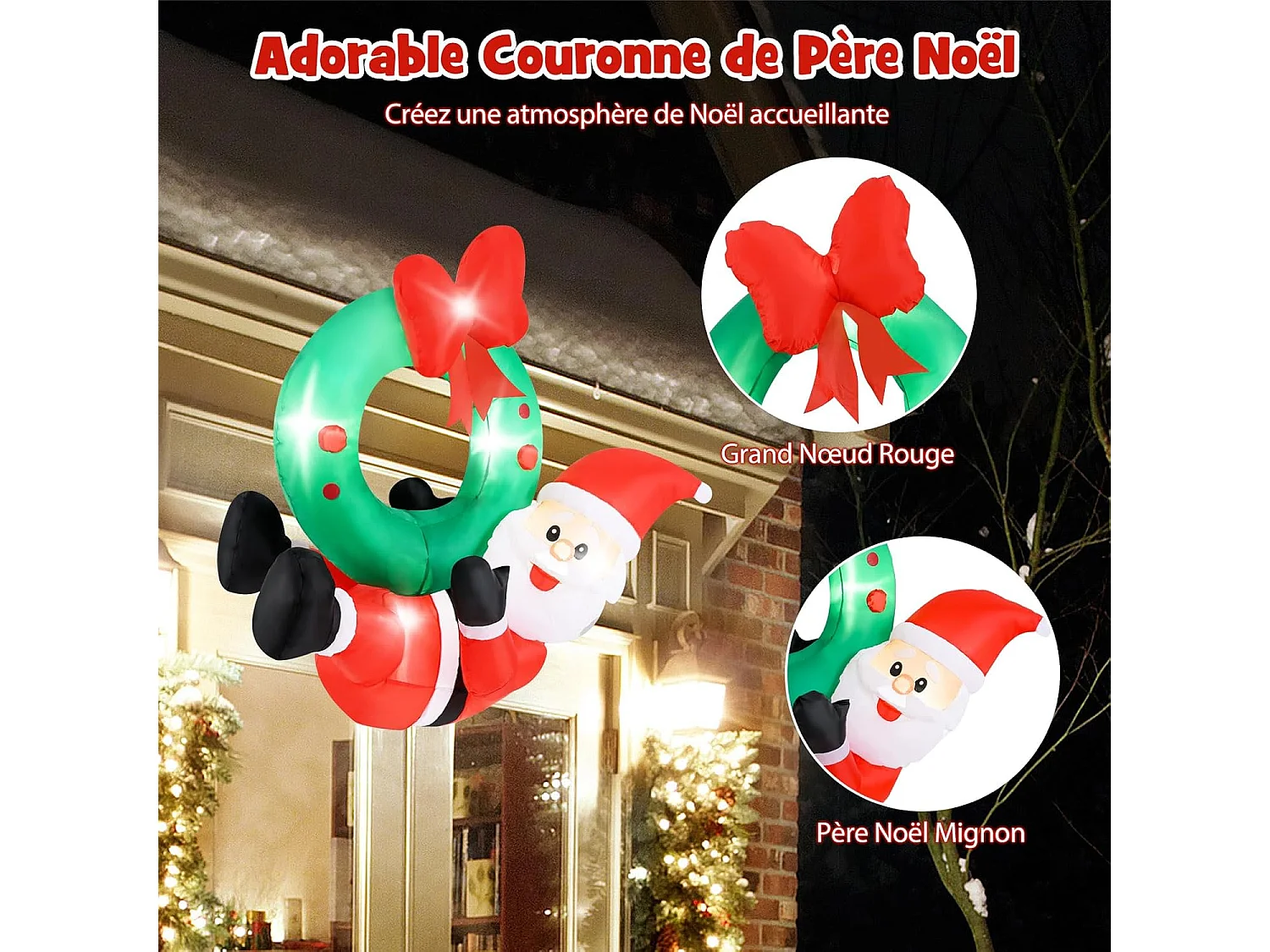 Couronne gonflable avec père noël de 120 cm, couronne avec nœud rouge 5 lumières led