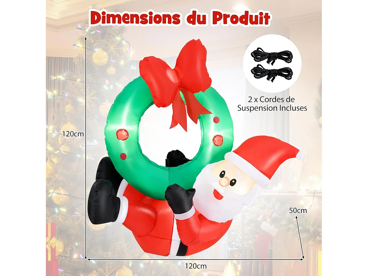 Couronne gonflable avec père noël de 120 cm, couronne avec nœud rouge 5 lumières led