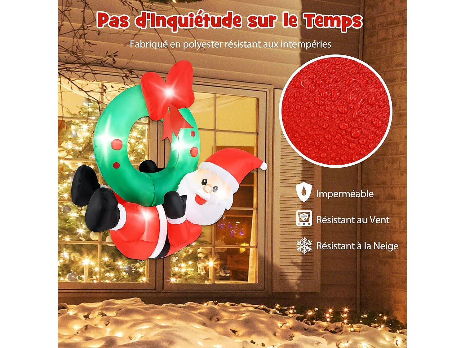 Couronne gonflable avec père noël de 120 cm, couronne avec nœud rouge 5 lumières led