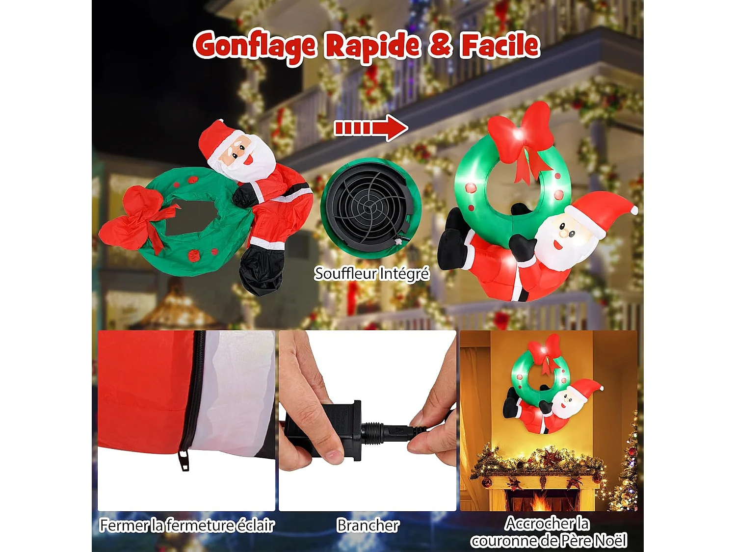 Couronne gonflable avec père noël de 120 cm, couronne avec nœud rouge 5 lumières led